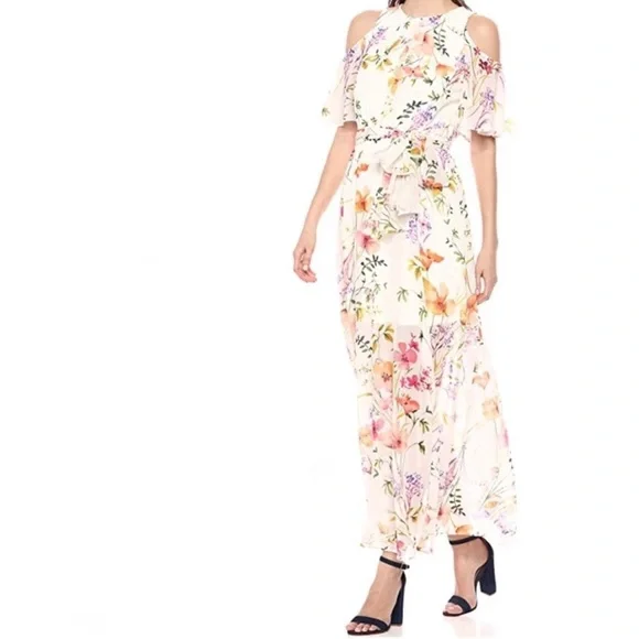 NEW Calvin Klein Cold Shoulder floral chiffon Maxi Dress with Self-sash Waist - Picture 12 of 12